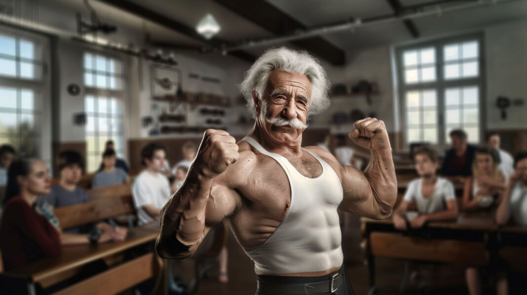 Albert Einstein flexing his muscles in class.