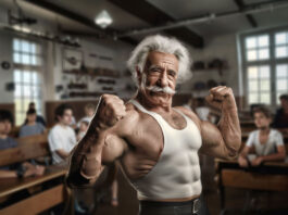 Albert Einstein flexing his muscles in class.