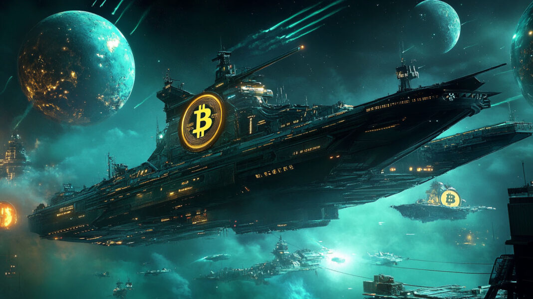 a photorealistic image of a futuristic battleship with Bitcoin logo navigating through the Bitcoin planet, Ethereum planet, and other cryptocurrency planets.