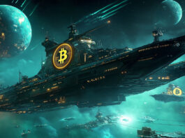 a photorealistic image of a futuristic battleship with Bitcoin logo navigating through the Bitcoin planet, Ethereum planet, and other cryptocurrency planets.