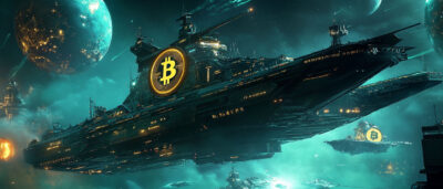 a photorealistic image of a futuristic battleship with Bitcoin logo navigating through the Bitcoin planet, Ethereum planet, and other cryptocurrency planets.