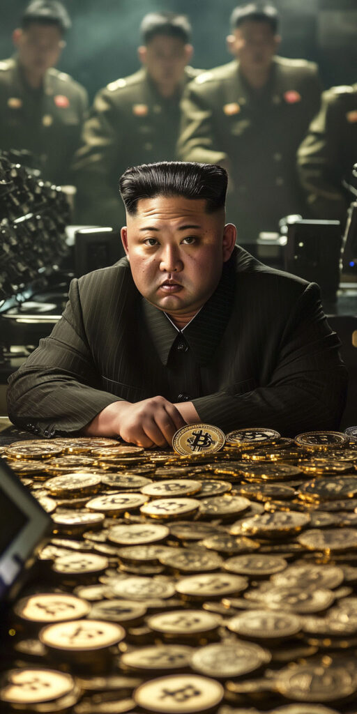 Cyber Supreme: North Korea's Kim Jong Un, surrounded by a fortress of Bitcoin, heralds a new era of digital wealth and defiance.