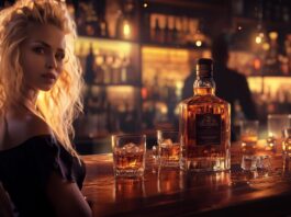 a woman in a bar with whiskey featured