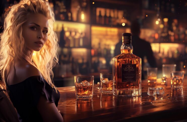 a woman in a bar with whiskey featured