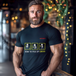 A muscular man wearing a black t shirt with the word "How to pick up chicks"