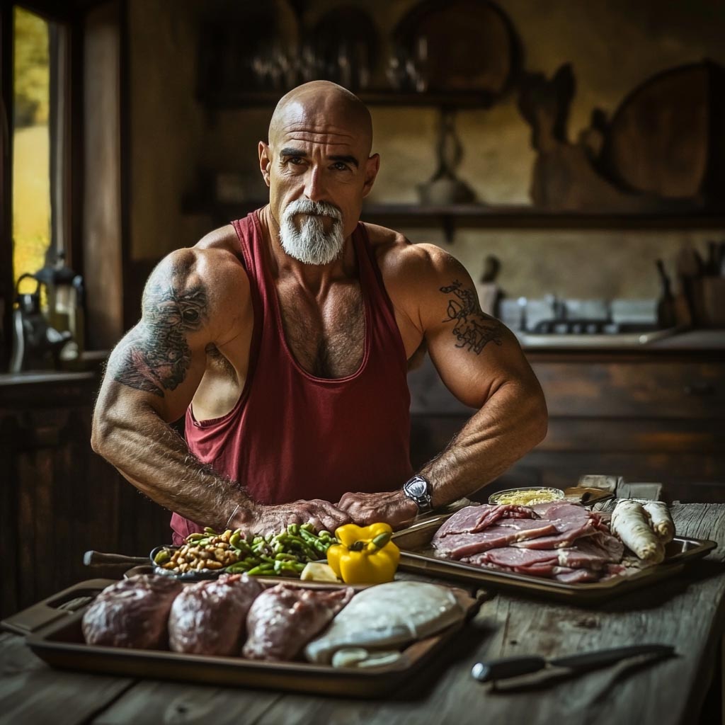 A muscular older man has lean and nutritious food on the table.