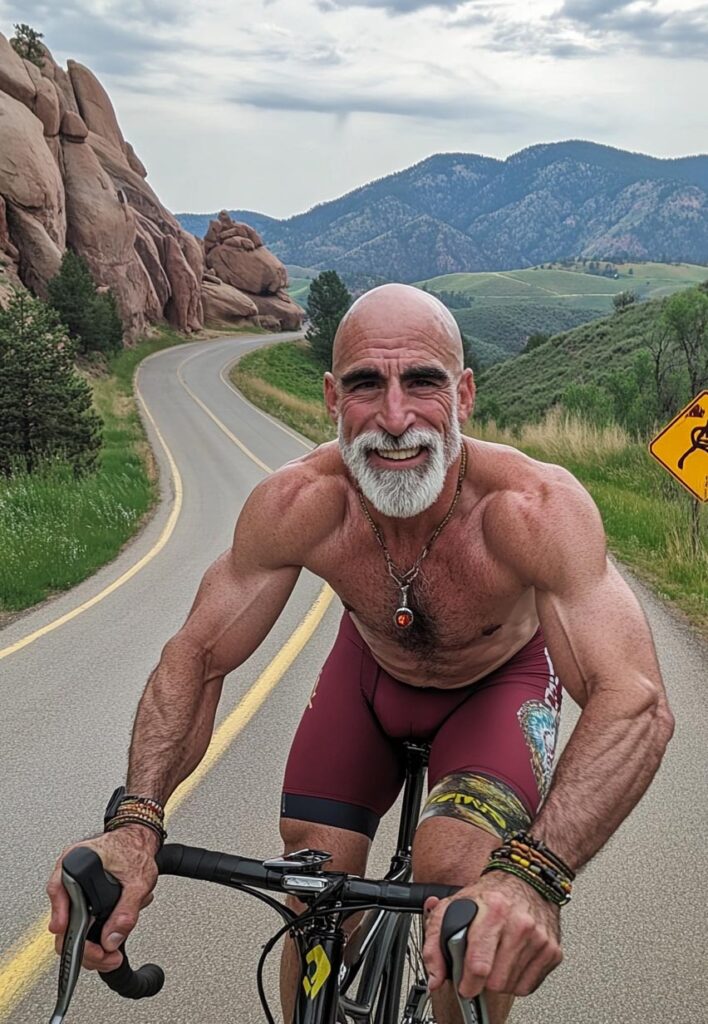 An older fit man riding his bike on a scenic Colorado road.