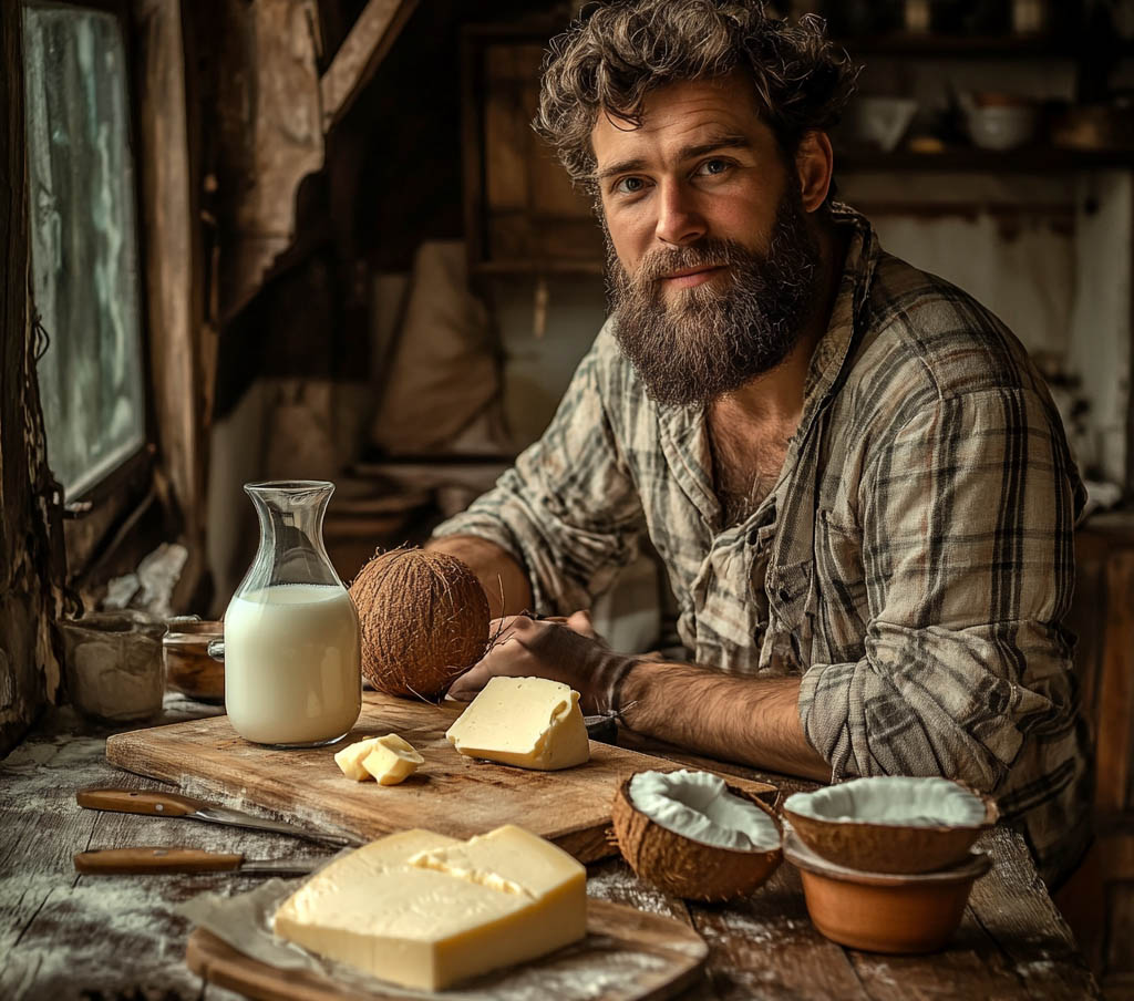 A man sits at a table with goat milk, cheese and butter.