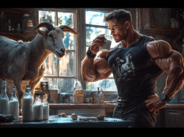 A muscular man drinks goat milk while a goat looks on.