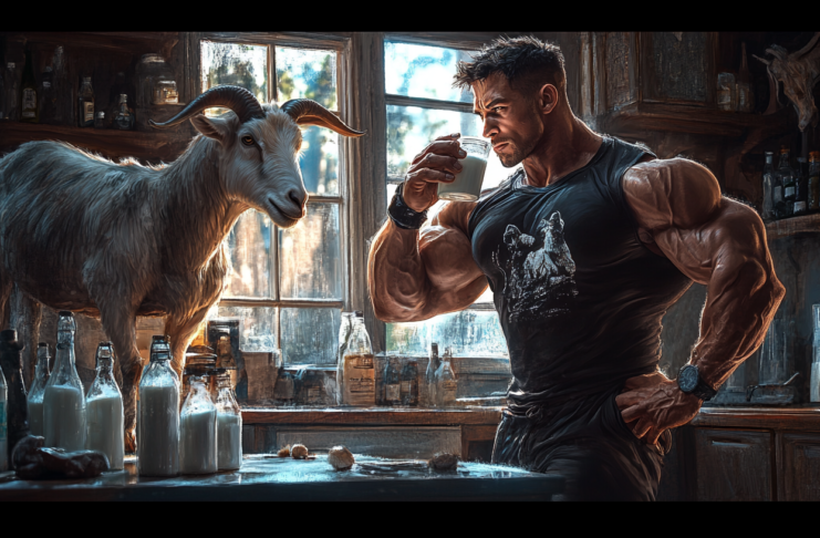 A muscular man drinks goat milk while a goat looks on.